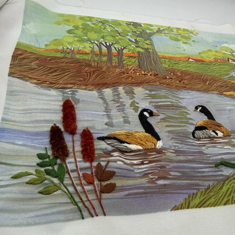 Vtg Set 3 Needlepoint Landscape Scene Completed Colorful Country Granny Wall Art